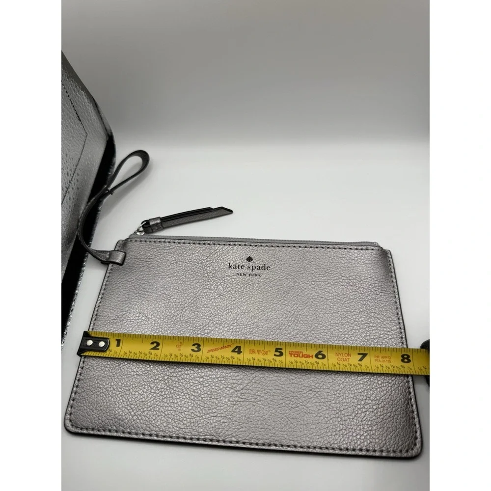 Kate Spade New York Silver Metallic Pebbled Leather Zip Wristlet Clutch Pouch